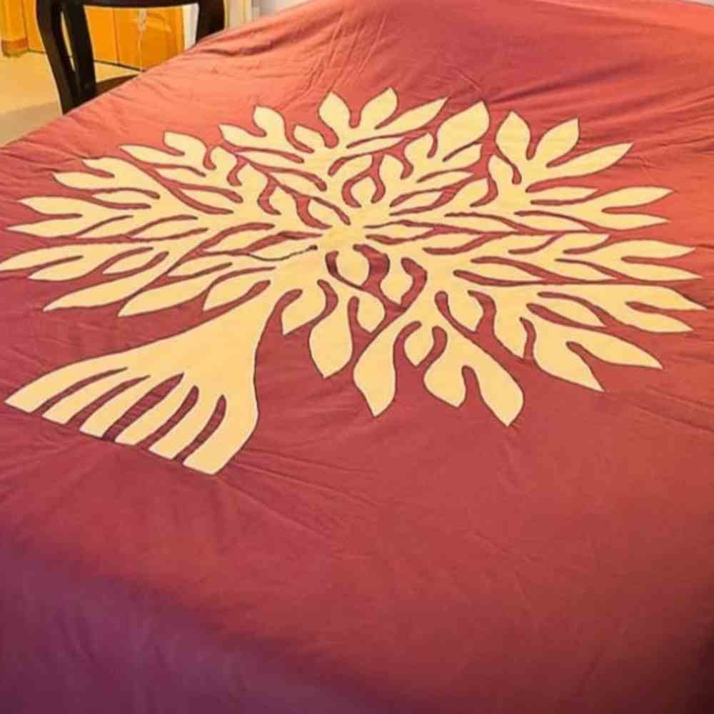 Handmade Applique Bedsheet – Maroon Base with Golden Applique Work